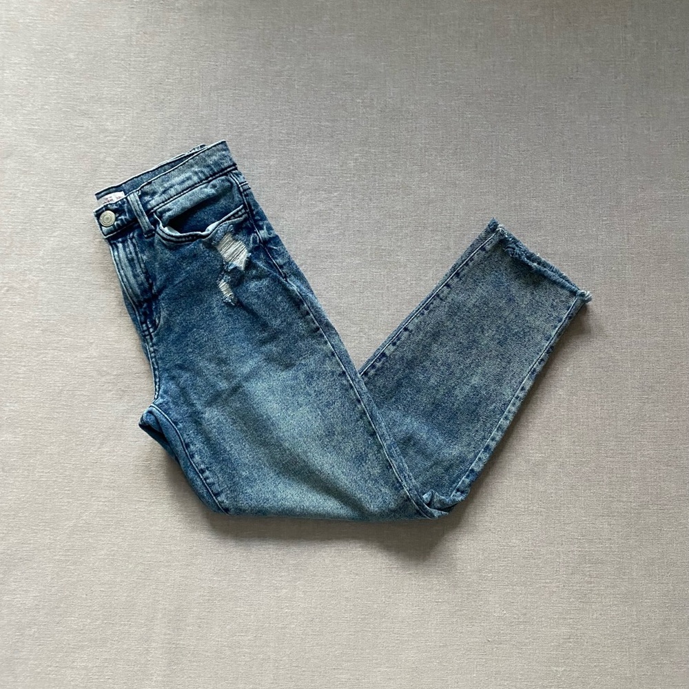 SO Light Blue Straight Leg Distressed Raw Hem Denim Mom Jeans